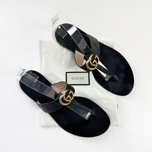 GUCCI Marmont Black Sandal Size 41 Double GG Leather Flat Slide Flip Flop